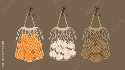 Three mesh bags hang filled with oranges, garlic, and potatoes.