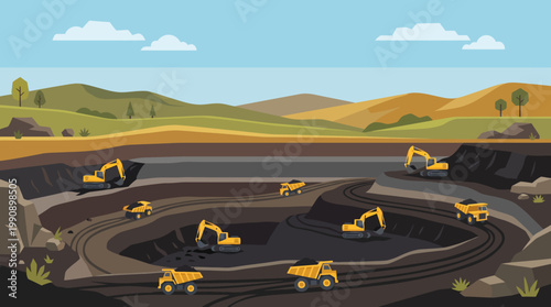 Coal Mining Site Landscape with Heavy Machinery