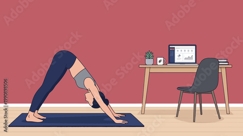 Woman doing downward facing dog on yoga mat in home office space