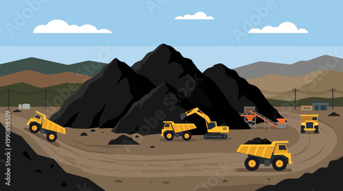 Coal Stockpile with Dump Trucks in Industrial Mining Area