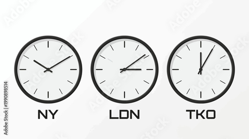 Three clocks showing different times for New York, London, and Tokyo.