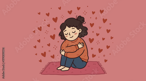 A girl sits cross-legged on a pink mat surrounded by floating hearts feeling emotions.