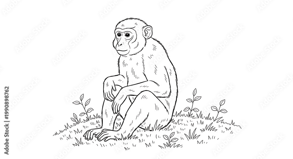 Fototapeta premium Captivating Illustration of a Monkey Sitting in Nature, Animal Portrait, Tranquil Environment, Wildlife Art