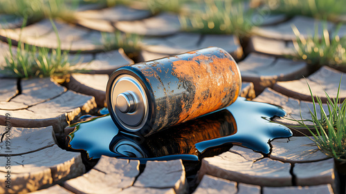 Environmental pollution concept with leaking battery on dry cracked ground representing toxic waste and ecological damage 