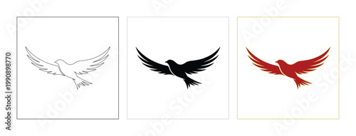 Flying bird vector icon set, elegant avian silhouette in outline, black, and red, freedom and nature symbol for branding, logo, or graphic design isolated on White Background