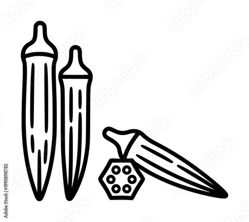 Simple outline of okra pods, cut to show seeds vegetable food healthy