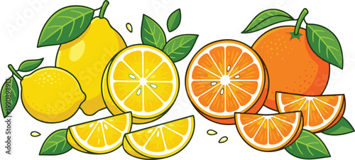 Canvastavla Assortment of fresh lemons and oranges with leaves