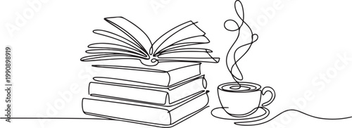 Books stack with cup of coffee continuous one line art drawing. Wisdom concept. one line Icon drawing
