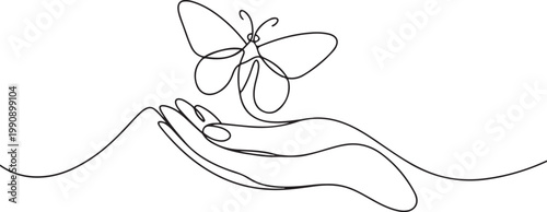 One continuous line drawing of hand holding butterfly. Beautiful flying moth for wellbeing beauty or spa salon logo in simple linear style. one line Icon drawing