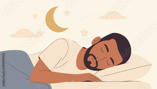 Man sleeps peacefully on pillow under night sky with crescent moon