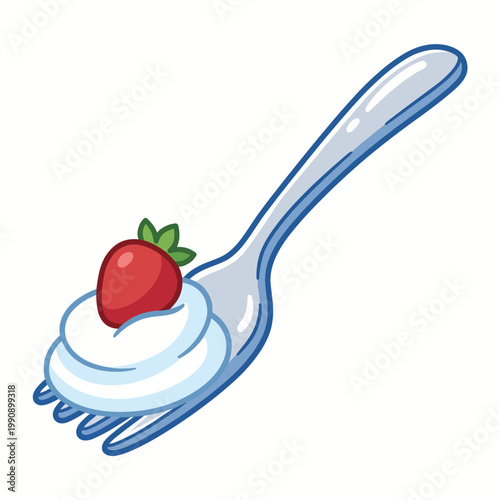 A delightful fork holds a dollop of cream adorned with a fresh strawberry on top, symbolizing sweetness and indulgence in a simple yet elegant dessert presentation.