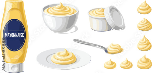 Mayonnaise Sauce Vector Set with Bottle, Bowl, Spoon and Creamy Dollops Isolated on White Background for Food Packaging, Menu Design, and Culinary Branding