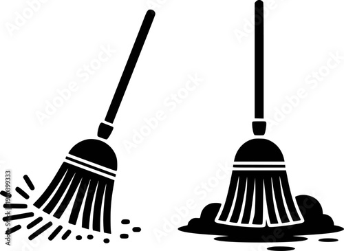 Black broom sweeping debris, cleaning a spill white background