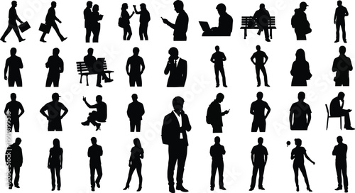 Diverse silhouettes of people in various daily activities and poses Vector