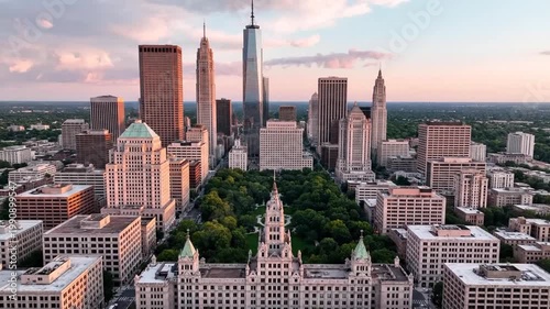Aerial view of Philadelphia cityscape at sunset.