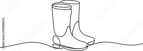 One continuous line drawing of farmer boots. Rubber boots outline drawing illustration. one line Icon drawing