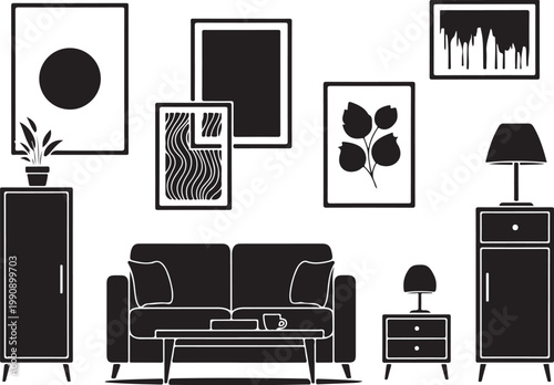 Black and white living room interior with furniture and wall