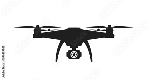 Black drone with a camera viewed from below detailed silhouette