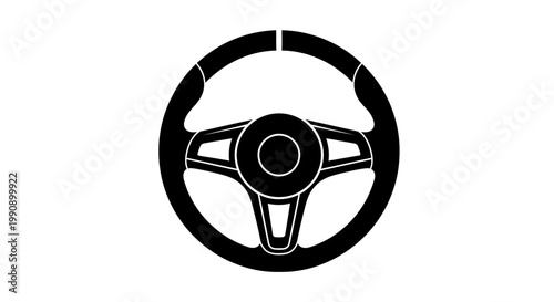 A black steering wheel design against a white background silhouette