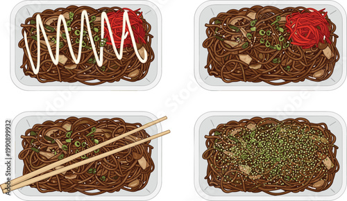 Yakisoba Noodles Variations in Takeaway Trays with Mayonnaise Seaweed and Pickled Ginger Japanese Street Food Set Vector Illustration