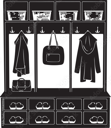 Black and white of a coat rack with hanging clothes and hooks