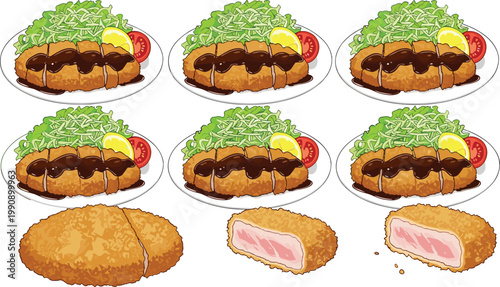 Japanese Tonkatsu Set with Breaded Pork Cutlet Cabbage Salad and Sliced Croquette Fried Food Collection Vector Illustration