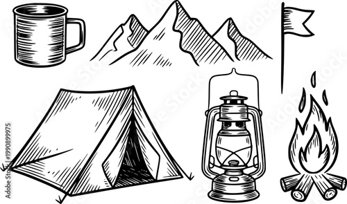 Hand-drawn camping tent, mountains, campfire, lantern, mug, and flag