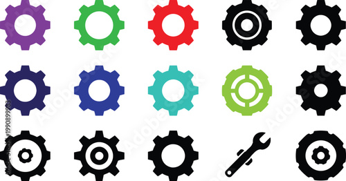 Gear icon set, settings cogwheel symbols, colorful and black mechanical icons, engineering tools, system configuration vector illustration pack