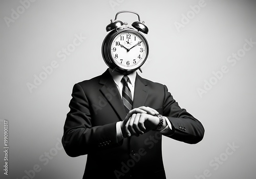 Man in suit with clock on head checking wristwatch on gray background