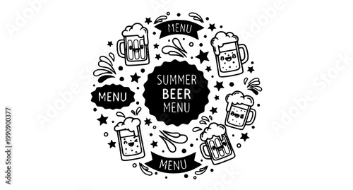 Minimal black and white draft beer menu with cute cold beverage icons in clean outline vector style