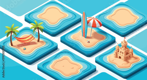 Isometric summer islands with beach elements including palm trees hammock surfboard and sandcastle