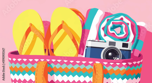 Bright beach bag packed with yellow flip flops and vintage camera for summer photography