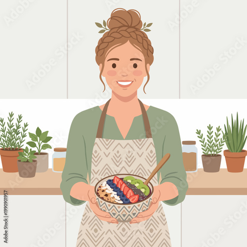 A friendly chef proudly holds a bowl filled with fresh and colorful ingredients, such as fruits and vegetables, promoting healthy cooking and the joy of preparing nutritious meals at home.