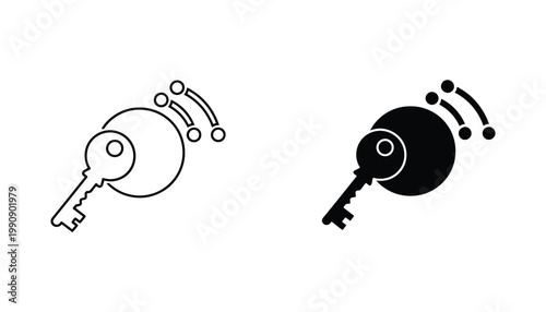 Wireless key icon with signal waves in outline and solid fill versions representing smart access and connectivity