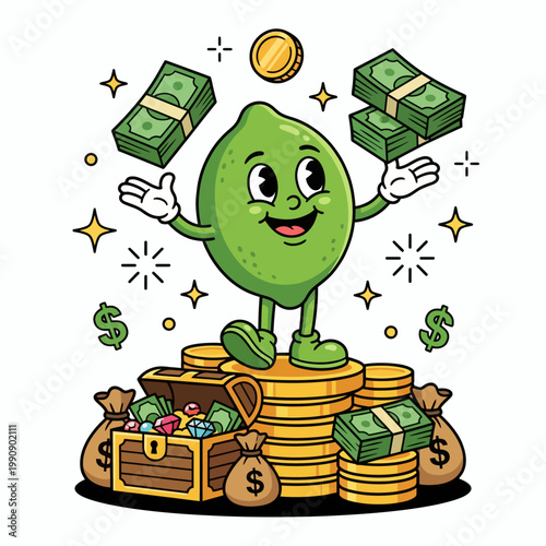 Принти на полотні This vibrant illustration features a happy lemon character juggling money and coins, symbolizing wealth, prosperity, and cheerfulness in a playful way