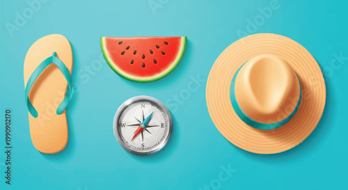 Summer beach essentials hat compass flip flops and watermelon slice