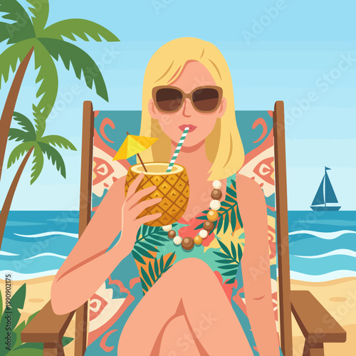 A serene illustration of a woman relaxing on a beach chair, sipping a pineapple drink, capturing the essence of summer leisure and a carefree coastal lifestyle.