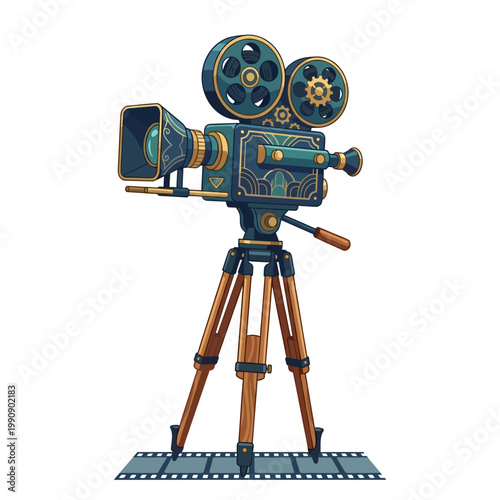 An elegant vintage film camera stands tall on a wooden tripod, showcasing intricate details and gears, embodying the classic essence of filmmaking and creativity in cinematography.