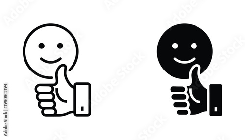 Minimalist outline and solid vector icon set featuring a smiling emoji face with a thumb up gesture for positive feedback or social media approval user interface design elements isolated on white