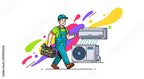 Vector illustration of an air conditioning technician character with a toolbox, walking toward AC units with colorful abstract shapes against a clean white background in a cartoon style