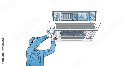 Vector illustration of an air conditioning repair service showing a character fixing an AC unit with a wrench against a white background, depicting maintenance with a clean, professional