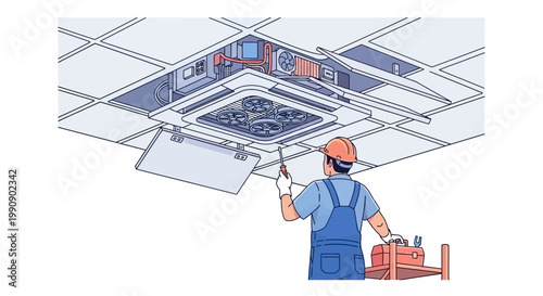 Vector illustration of an air conditioning technician character performing maintenance on an AC unit in a suspended ceiling, depicted in a cartoon style with a bright, clean aesthetic