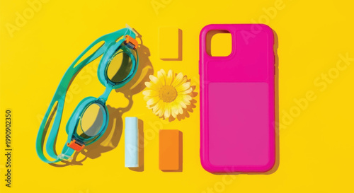 Summer vacation essentials flat lay with pink mobile phone case and turquoise swim goggles
