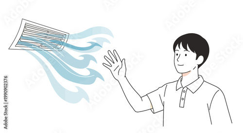Vector illustration of an air conditioning service character enjoying the cool air, depicted with a minimalist design against a clean white background showing the concept of air conditioner