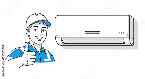Vector illustration of an air conditioning service technician character giving a thumbs-up next to a clean air conditioner unit, set against a bright white background with a simple, modern