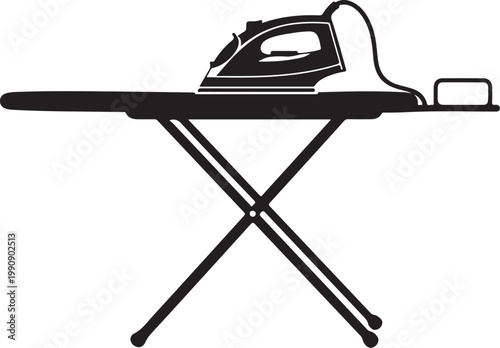 Black iron and ironing board with cord and plug