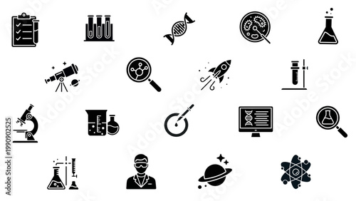 Science and research solid icons set. Lab equipments, chemistry, research, test tubes, DNA, magnifying glass, microscopes, astronomy, beakers symbols. Vector editable illustration