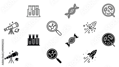 Science and research outline solid icons set. lab equipment illustration, chemistry, research, telescope, test tubes, DNA, magnifying glass, and rocket symbols. Vector editable illustration