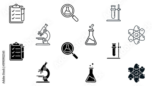 Science and research outline solid icons set. Lab equipments, chemistry, research, test tubes, DNA, magnifying glass, microscopes and beakers symbols. Vector editable illustration