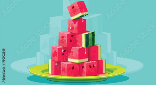 Stack of watermelon cubes on plate against blue background with light translucent shapes